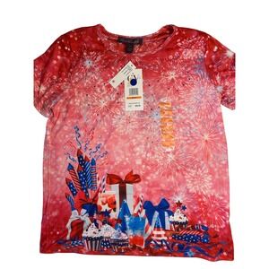 Gloria Vanderbilt Americana Tee Fireworks Rhinestone Patriotic Top Size‎ M